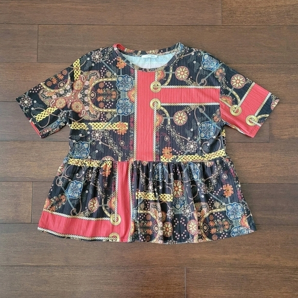 Zara Trafaluc Women's Mixed Pattern Multicolor Short Sleeve Peplum Top Size L - Picture 5 of 10